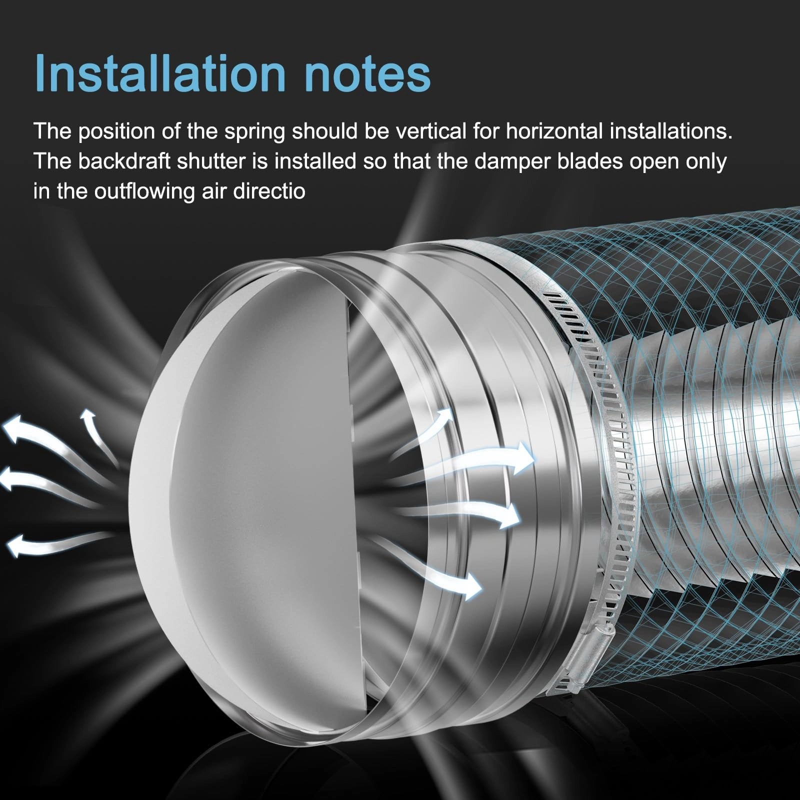 HON&GUAN Backdraft Damper Installation Diagram – Spring Positioned Vertically for Horizontal Installations to Ensure One-Way Airflow