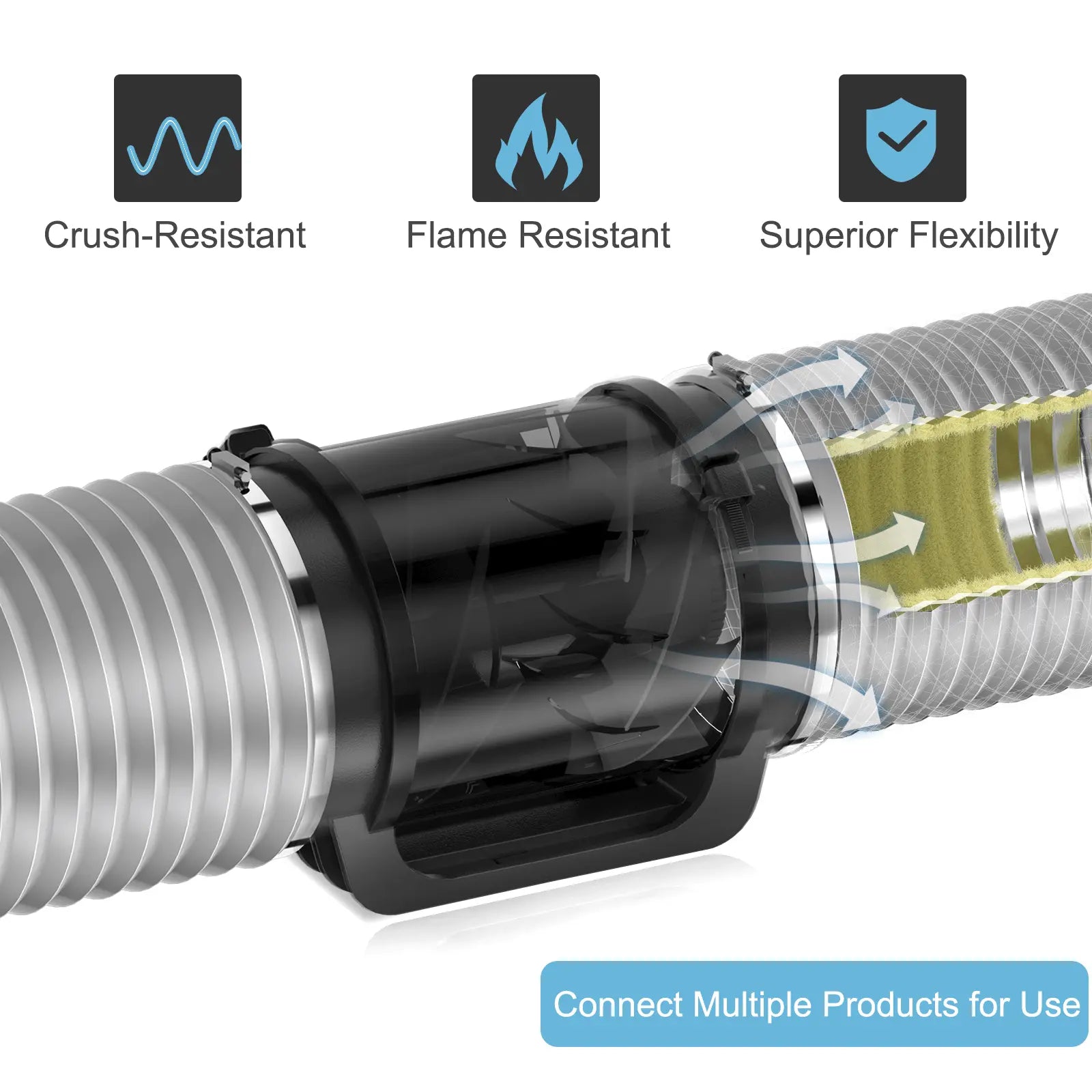 Crush‑resistant HON&GUAN insulated flexible air duct – bends easily around HVAC corner.