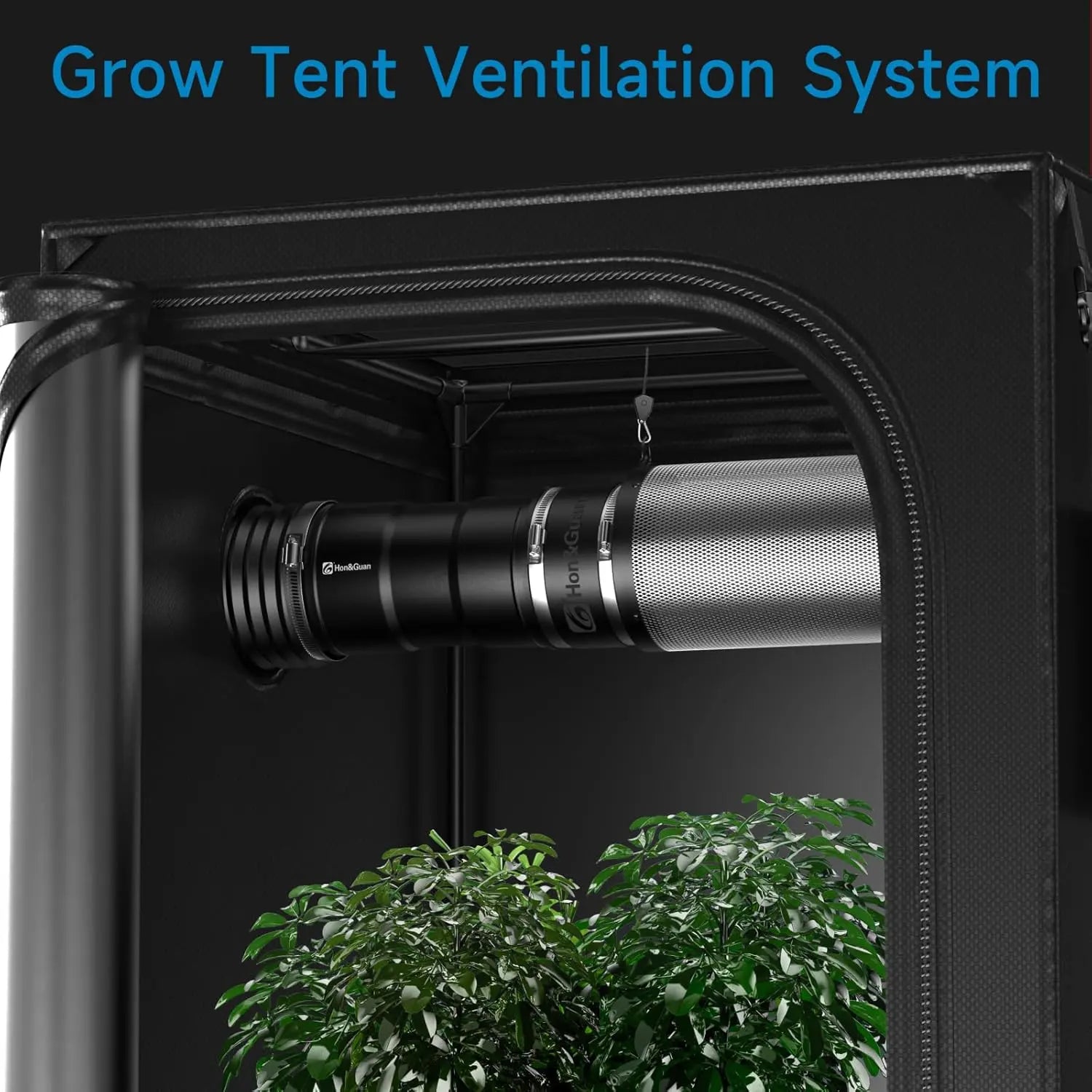 HON&GUAN Grow Tent Kit Installed in Indoor Hydroponic Setup with Inline Ventilation Fan and High-Efficiency Air Filtration System