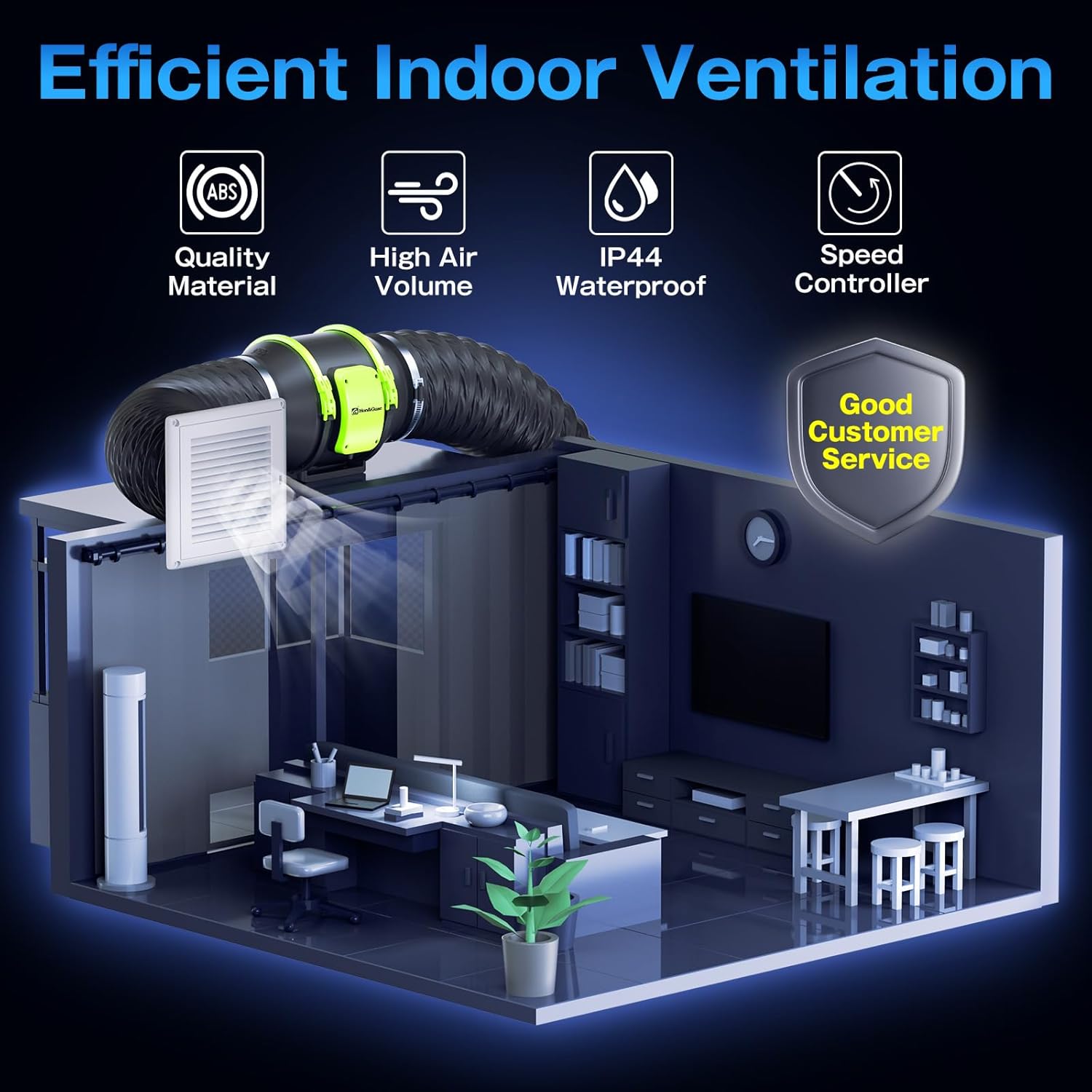 Efficient indoor ventilation with a 6-inch duct fan featuring a variable speed controller for grow tents and bathrooms