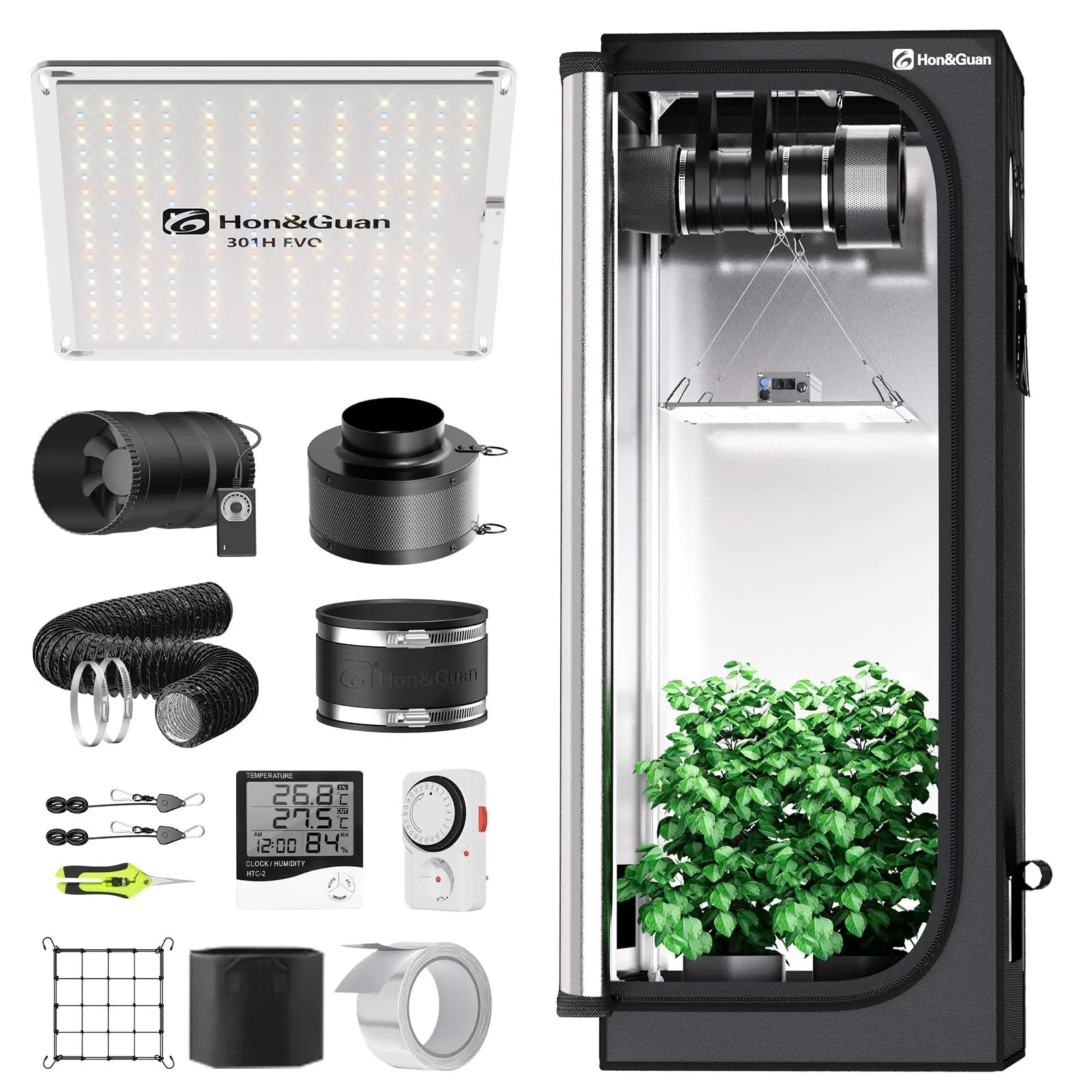 Grow Tent Kit Main Image – Complete Indoor Hydroponics Set with 60x60x160 cm Tent, HG1000 LED Grow Light, 150mm Inline Fan, and Carbon Filter