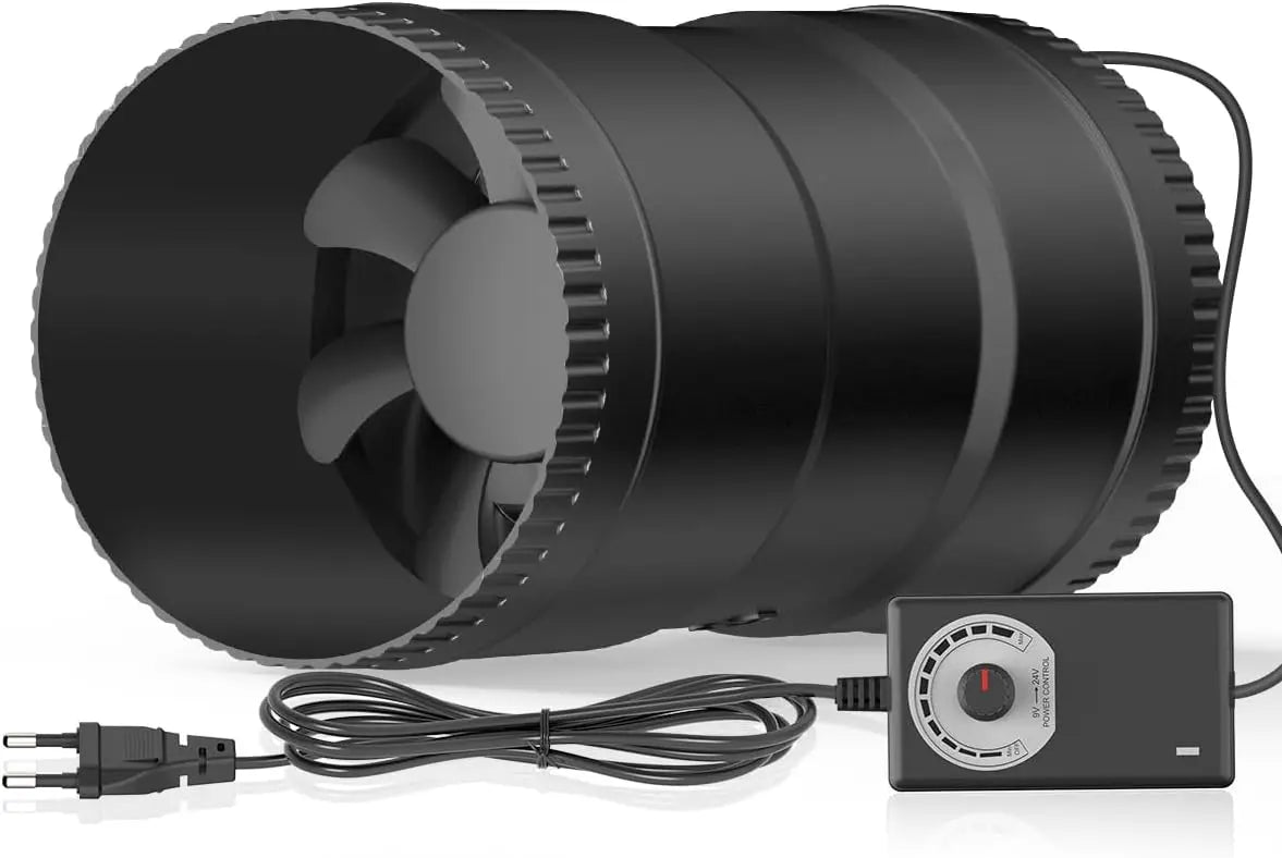 Powerful 150 mm duct booster fan with speed controller for energy-efficient ventilation in greenhouses, basements, and kitchens.
