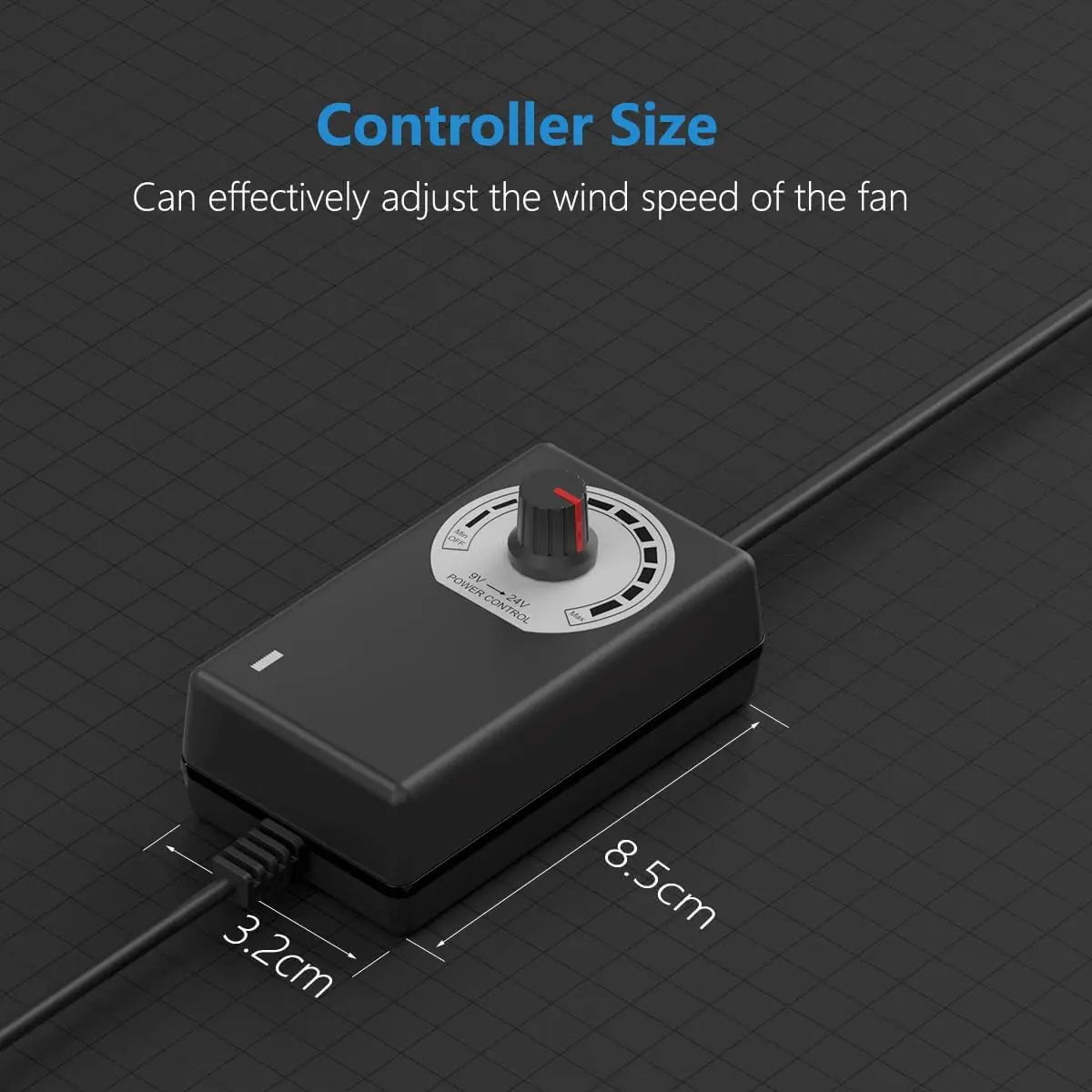 Control box size of the duct booster fan, measuring 8.5 cm in length and 3.2 cm in width.